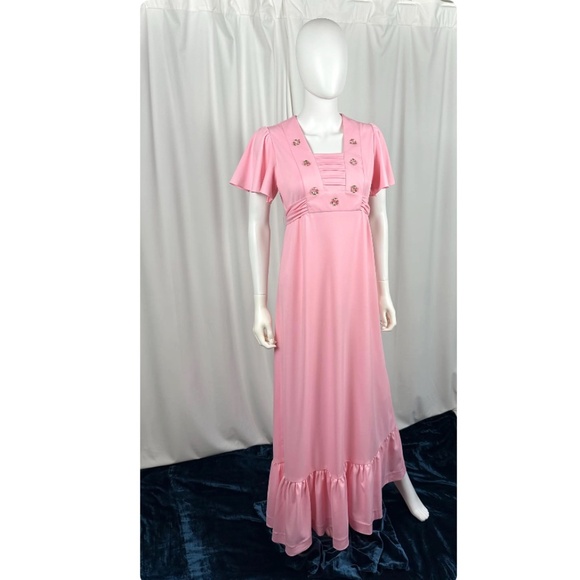 Vintage 1960’s 1970’s Flutter Short Sleeved Maxi Dress in Bubblegum Pink • XS/S - Picture 4 of 10